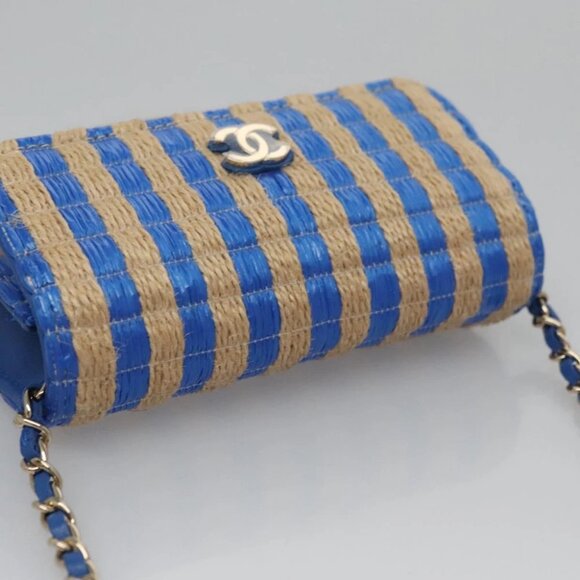 CHANEL Chain Shoulder Bag Raffia Blue CC Auth 115347AM - Picture 7 of 14